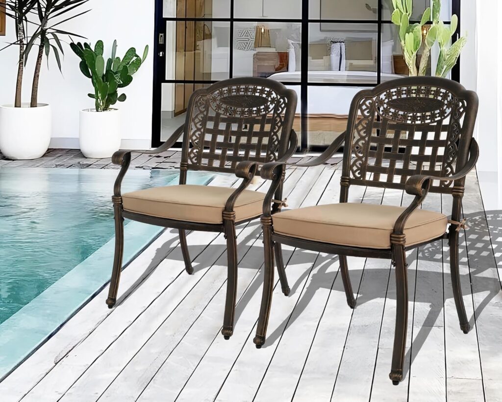 TITIMO 5-Piece Cast Aluminum Outdoor Patio Dining Set, 4 Pattern Chairs and 35.4 Square Table,Cast Aluminum Conversation Set with 2.2” Umbrella Hole (without Cushions, 1 Square Table + 4 Chairs)