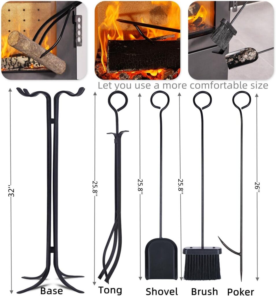 TOPDING  HZ 5 Pcs Fireplace Tools Sets 32 Heavy Duty Wrought Iron Fire Place Toolset with Chimney Poker Firewood Tongs Shovel Brush Stand for Indoor Outdoor Hearth Stove Firepit Black