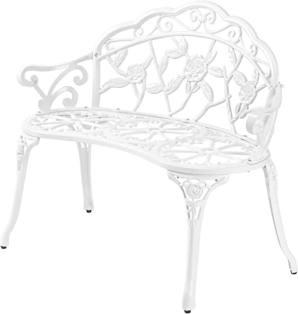 VINGLI 38.5 Patio Park Garden Outdoor Metal Rose Bench,Cast Iron Cast Aluminium Frame Antique Finish Chair,Accented Lawn Front Porch Path Yard Decor Deck Furniture for 2 Person Seat（White