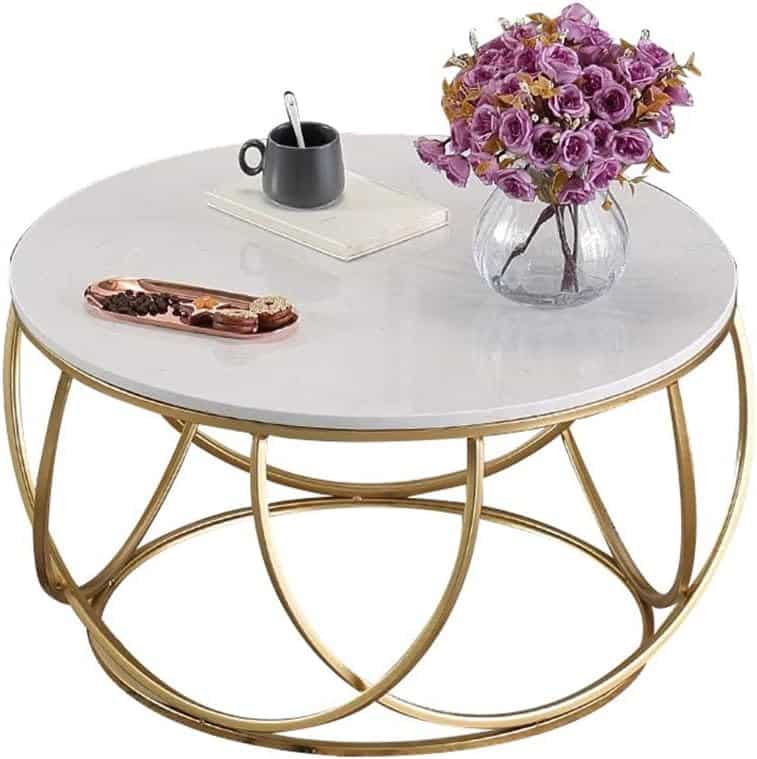 White Marble Coffee Table, Golden Wrought Iron Frame, Modern Living Room Round Coffee Table, Home Decoration Creative Table, L: 60cm (23.6in)