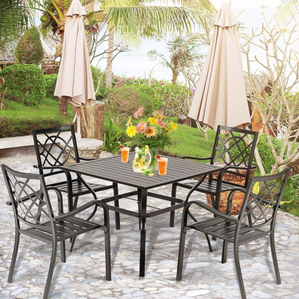 Wrought Iron Patio Outdoor Dining Chairs, Portable Black Outdoor Patio Chairs Set of 2, Stackable Indoor Outdoor Bistro Deck Metal Chairs for Garden Backyard Lawn, Support 300 lbs