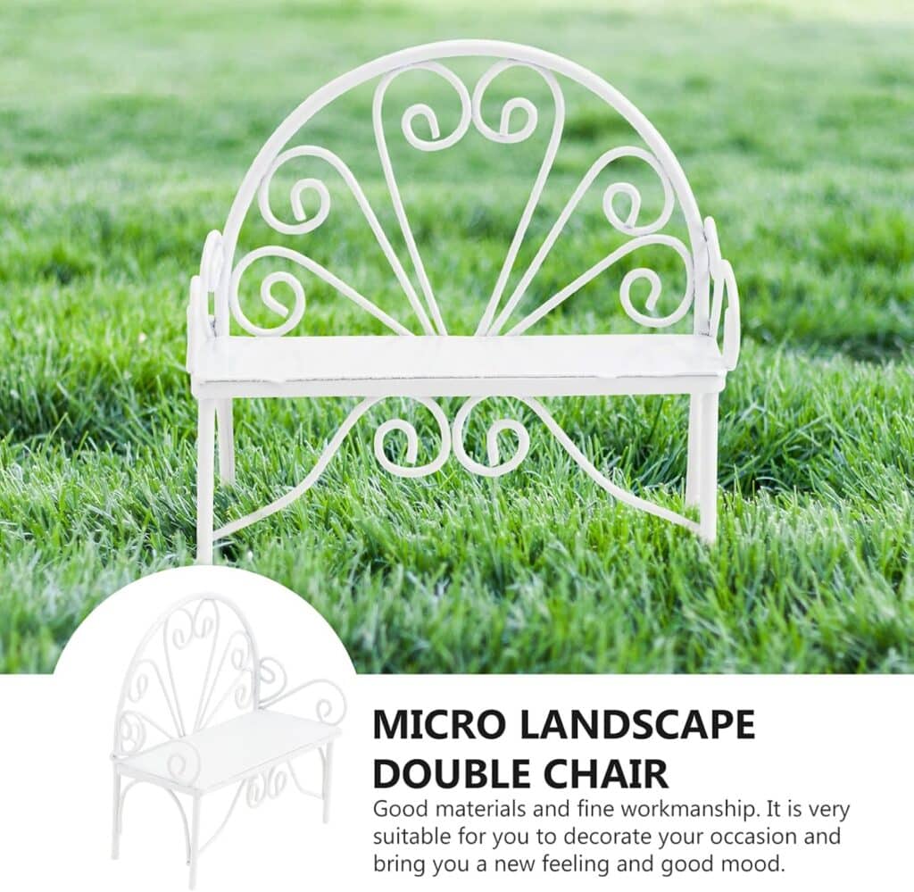 1pc Micro Landscape Double Chair Mini Park Seat Dollhouse Accessories Metal Models Mini Chair Micro Street Bench Furniture Mini House Model Doll House Fairy Wrought Iron White