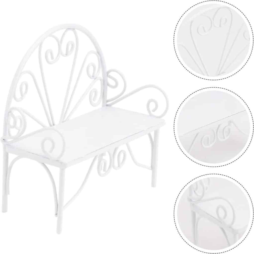 1pc Micro Landscape Double Chair Mini Park Seat Dollhouse Accessories Metal Models Mini Chair Micro Street Bench Furniture Mini House Model Doll House Fairy Wrought Iron White