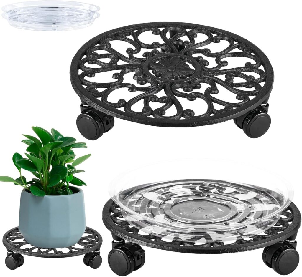 2 Packs 11 Inch Rolling Plant Stand with Wheels Wrought Iron Rolling Plant Stand with Casters Heavy Duty for Indoor Plants Rollers with Plant Saucers, Metal Round Plant Dolly