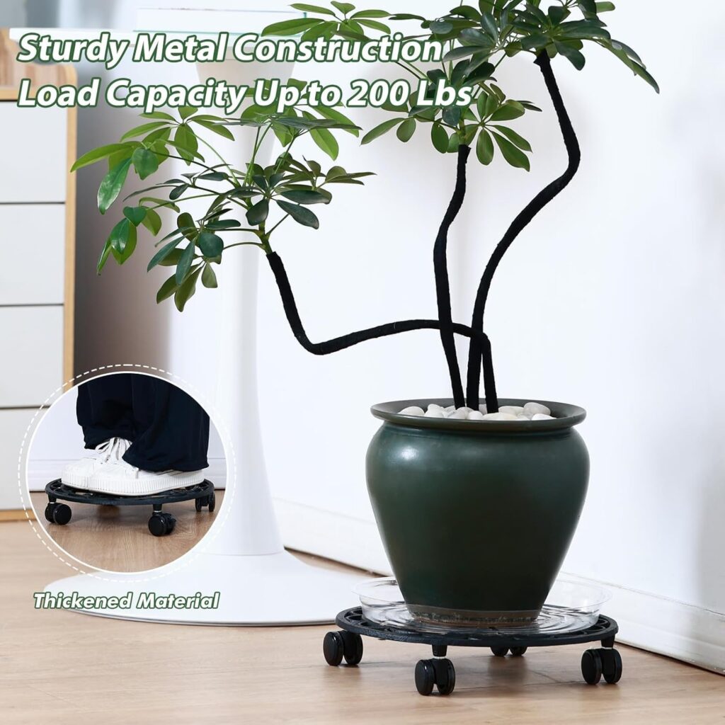 2 Packs 11 Inch Rolling Plant Stand with Wheels Wrought Iron Rolling Plant Stand with Casters Heavy Duty for Indoor Plants Rollers with Plant Saucers, Metal Round Plant Dolly