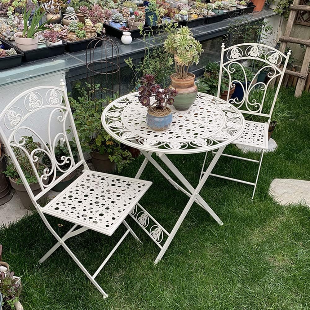 3 Piece Patio Furniture Outdoor Garden Metal Rust Proof Tables and Chairs Wrought Iron Folding Garden Terrace Leisure Outdoor Tables and Chairs Patio,White