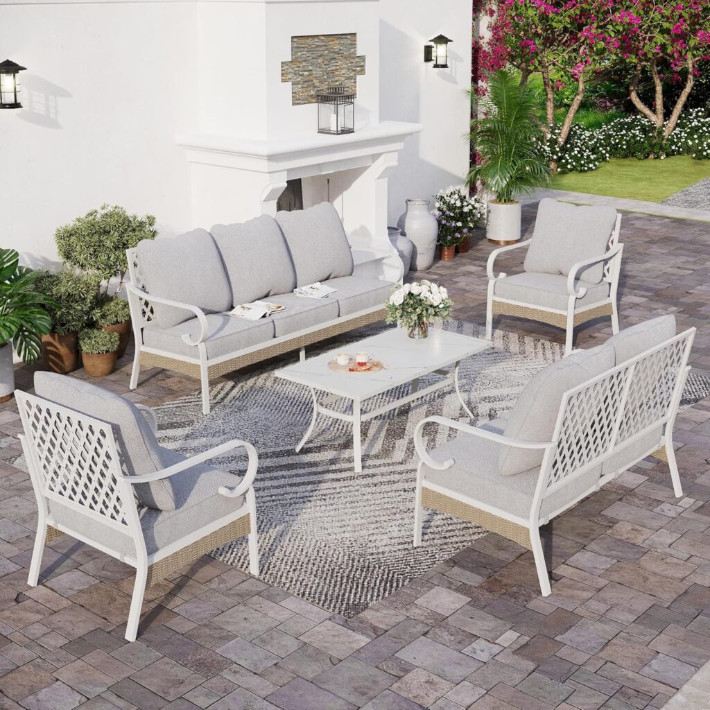 4 Piece White Metal Outdoor Patio Furniture Sets with Firepit Table, Patio Conversation Sets 1 2-Seater Sofa, 2 Rocking Sofa with 5.75 Thick Cushion Backyard Furniture for Deck, Blue