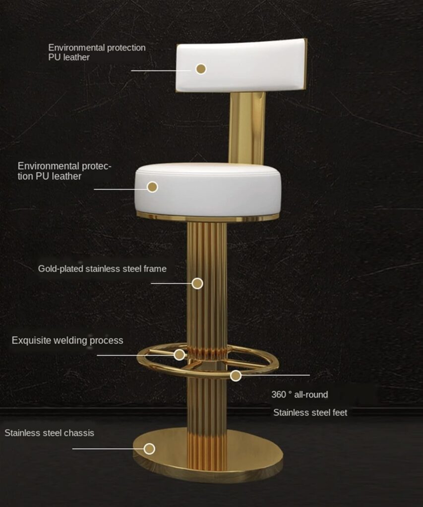 Bar Stools, Kitchen Counter Height Rotating Bar Chair, Ergonomics, Backrest Dining Chair, Golden Chair Frame Wrought Iron PU Bistro Seat, (Sitting Height 65 cm) (Color : White)