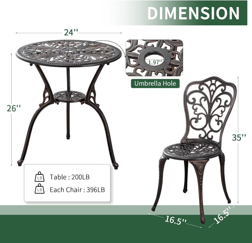 Bistro Table and Chairs Set of 2 with Umbrella Hole,Cast Aluminum Patio Bistro Sets 3 Piece,Outdoor Bistro Table Set,Patio Furniture Set for Front Porch Set,Garden(Butterfly Black)