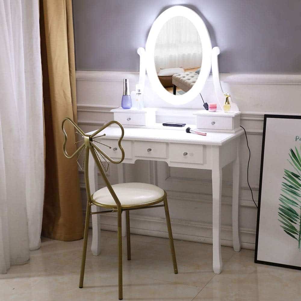 Butterfly Backrest Wrought Iron Leather Makeup Stool Dressing Stool,Modern Makeup Dressing Seat,Padded Cushioned Chair for Bedroom (White)