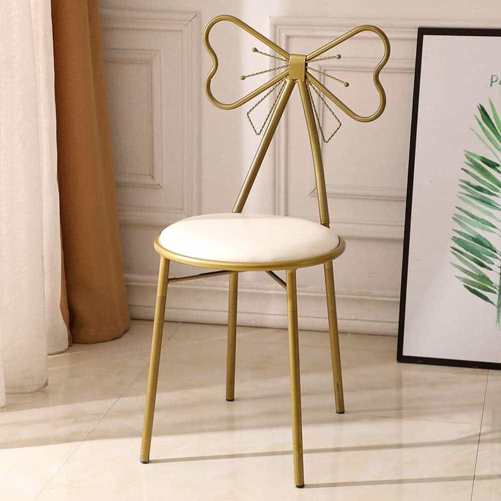 Butterfly Backrest Wrought Iron Leather Makeup Stool Dressing Stool,Modern Makeup Dressing Seat,Padded Cushioned Chair for Bedroom (White)