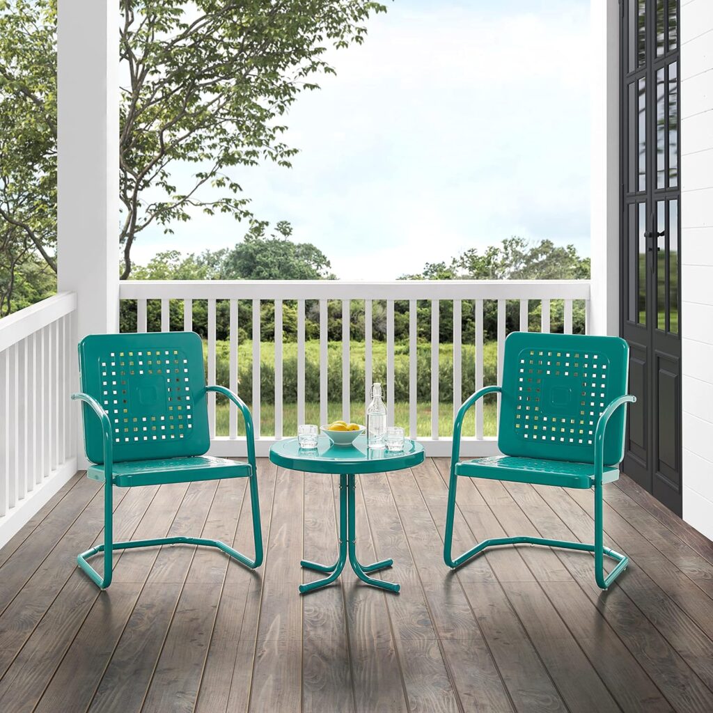 Crosley Furniture KO10019TU Bates 3-Piece Retro Metal Outdoor Seating Set with Side Table and 2 Chairs, Turquoise Gloss