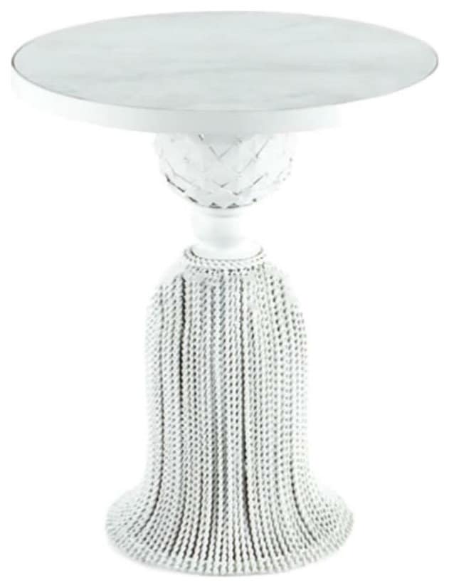 Elegant White Iron Tassel Accent Table Round Romantic Marble Top