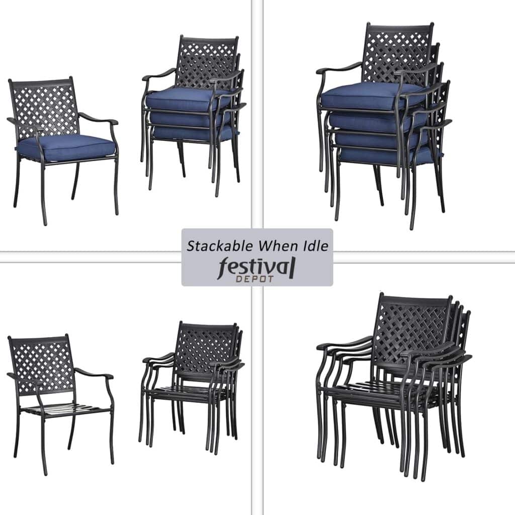 Festival Depot 4 Piece Outdoor Patio Furniture Outdoor Wrought Iron Dining Chairs Set for Porch Lawn Garden Balcony Pool Backyard with Arms and Cushions (4Pcs) (Beige)