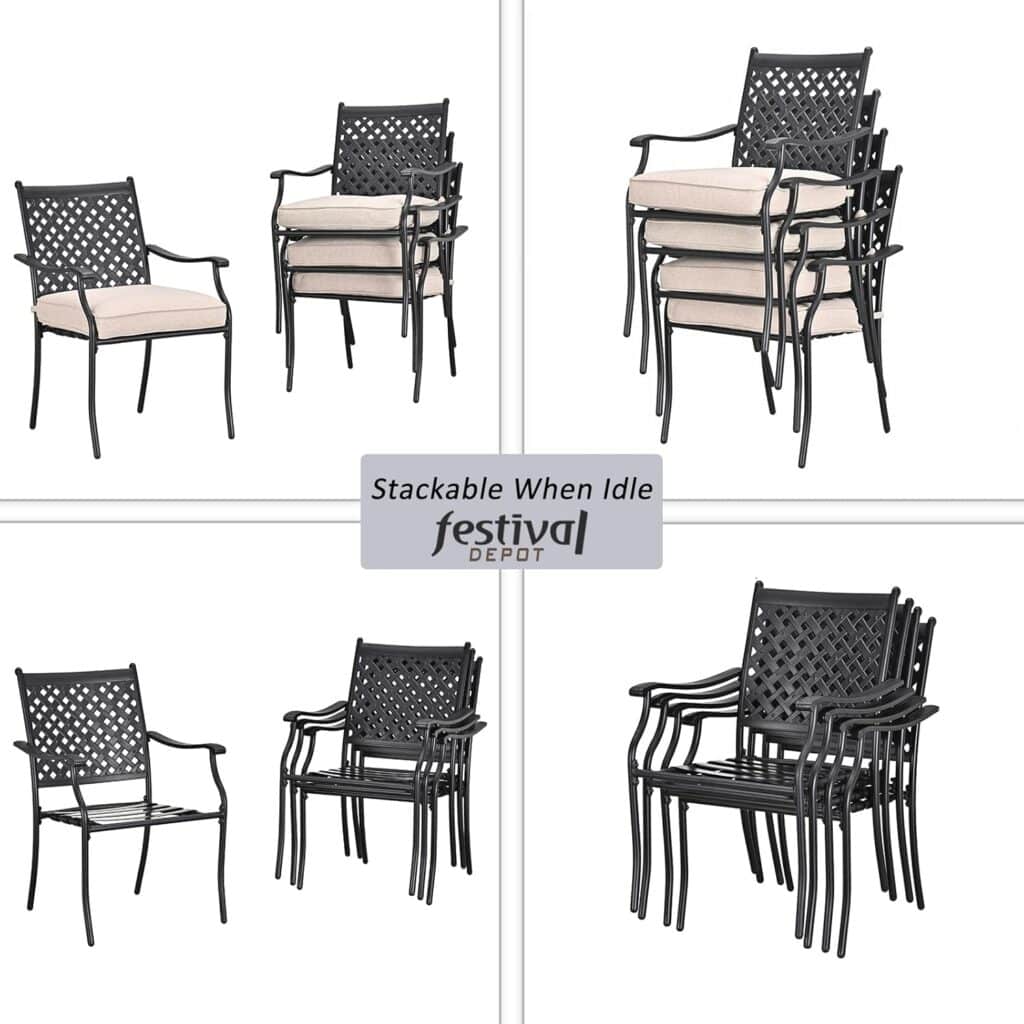 Festival Depot 4 Piece Outdoor Patio Furniture Outdoor Wrought Iron Dining Chairs Set for Porch Lawn Garden Balcony Pool Backyard with Arms and Cushions (4Pcs) (Beige)