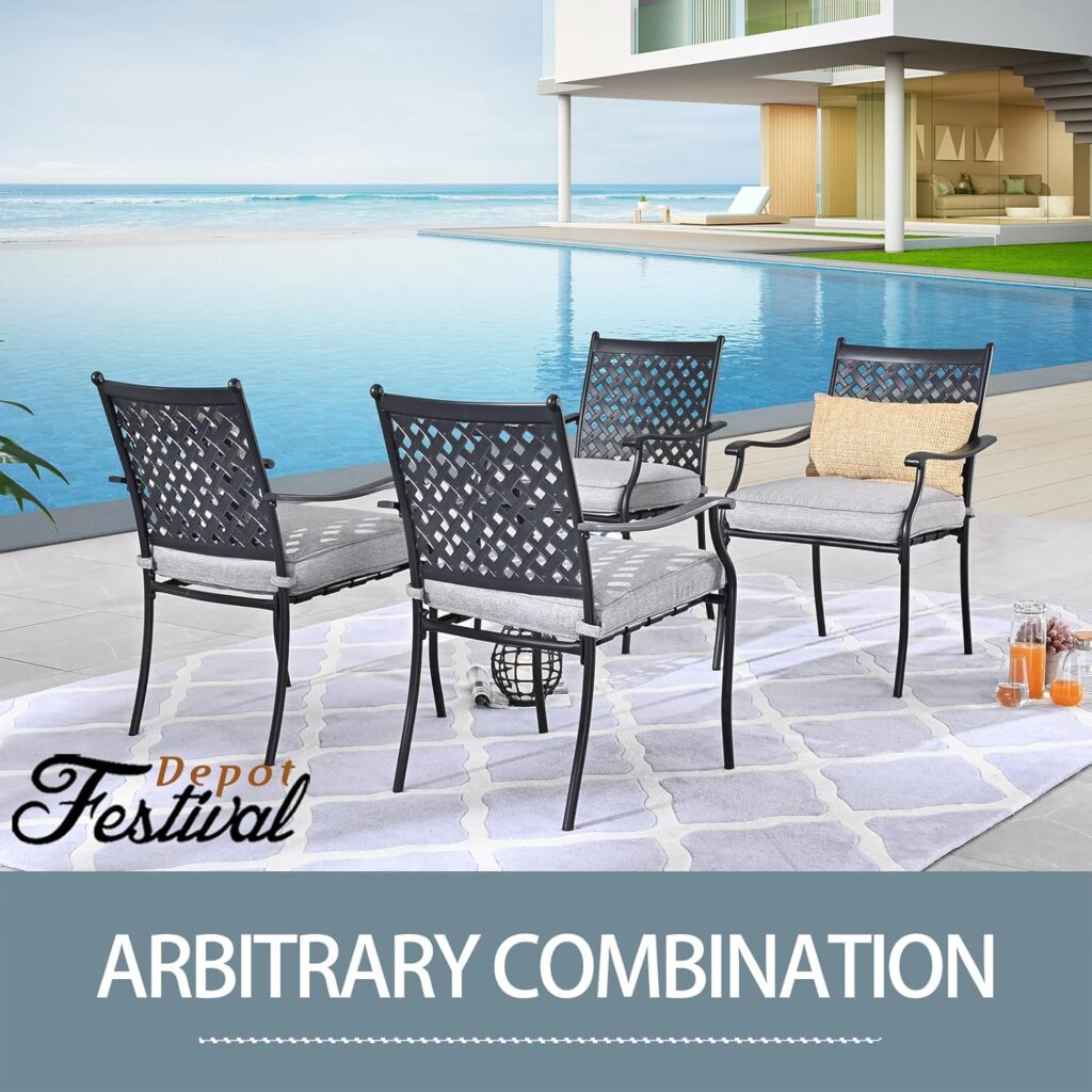 Festival Depot 4 Piece Outdoor Patio Furniture Outdoor Wrought Iron Dining Chairs Set for Porch Lawn Garden Balcony Pool Backyard with Arms and Cushions (4Pcs) (Beige)