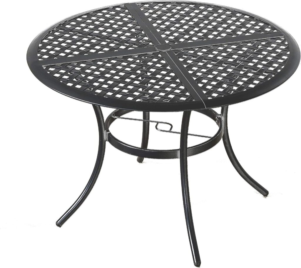 Festival Depot Dining Side Coffee Outdoor Patio Bistro Metal Sturdy Legs Wrought Iron Round Table with 2.04Umbrella Hole Grid Slatted Steel Desktop Design Φ42.128.7(H), Black