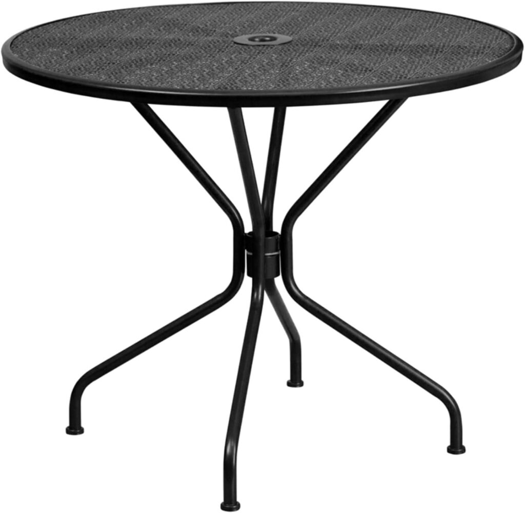 Flash Furniture Oia Commercial Grade 35.25 Round Black Indoor-Outdoor Steel Patio Table with Umbrella Hole