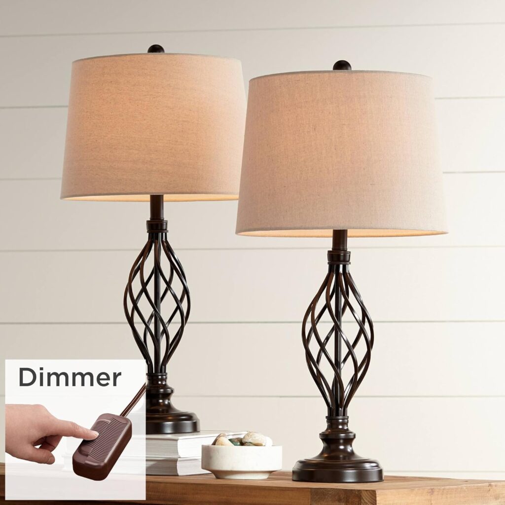 Franklin Iron Works Annie Modern Industrial Table Lamps 28 Tall Set of 2 with Dimmers Bronze Iron Cream Tapered Drum Shade for Bedroom Living Room House Home Bedside Nightstand Office Entryway