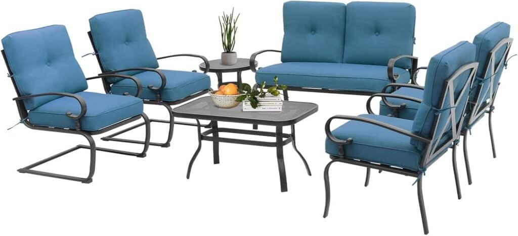 Incbruce 7 Piece Wrought Iron Patio Furniture Set Metal Outdoor Conversation Sets (Loveseat, Coffee Table and Bistro Table, 2 Spring Chair, 2 Dining Chairs) with Cushion (Peacock Blue)