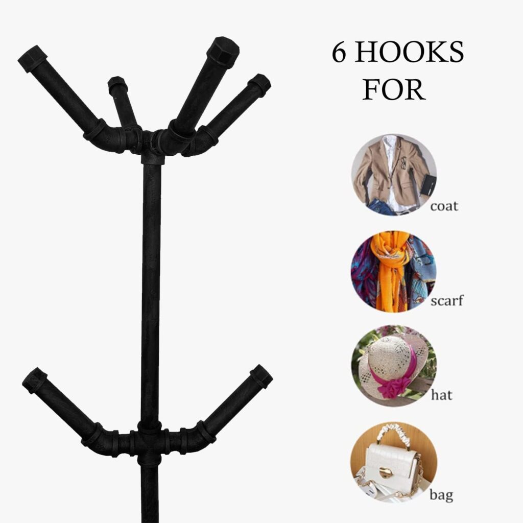 Industrial Coat Rack,Metal Pipe Coat Rack Stand Freestanding with 6 Hooks,Heavy Duty Coat Tree Sturdy Coat Racks for Entryway, Hallway, Bedroom (Black)