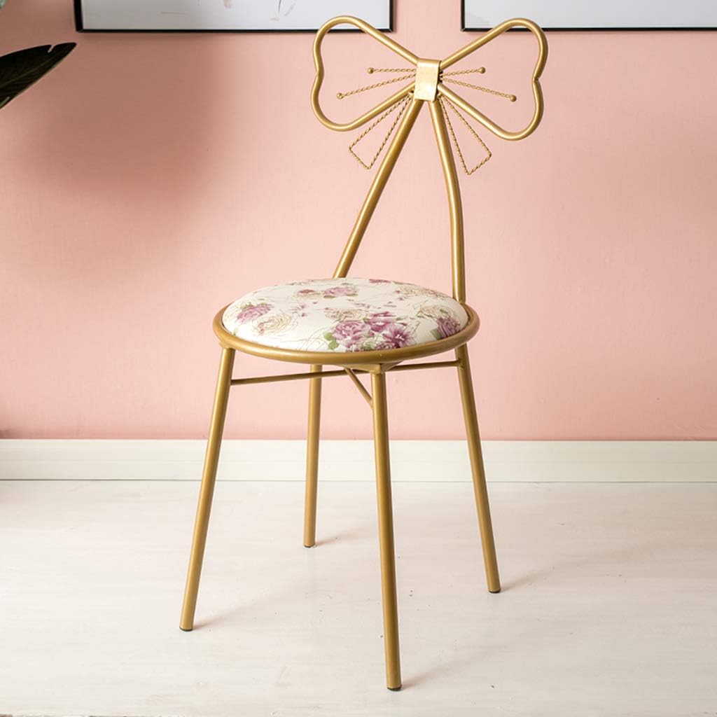 JHSLXD Dressing Table Makeup Chair, Creative Butterfly Tie Decoration Backrest Chair Golden PU Leather Dressing Stool Bedroom Lounge Chair Reading Chair Wrought Iron Dining Chair Furniture,White