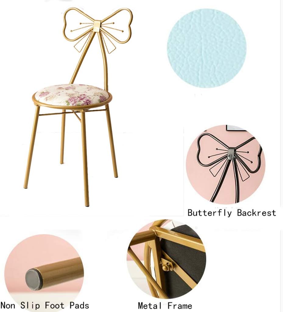 JHSLXD Dressing Table Makeup Chair, Creative Butterfly Tie Decoration Backrest Chair Golden PU Leather Dressing Stool Bedroom Lounge Chair Reading Chair Wrought Iron Dining Chair Furniture,White