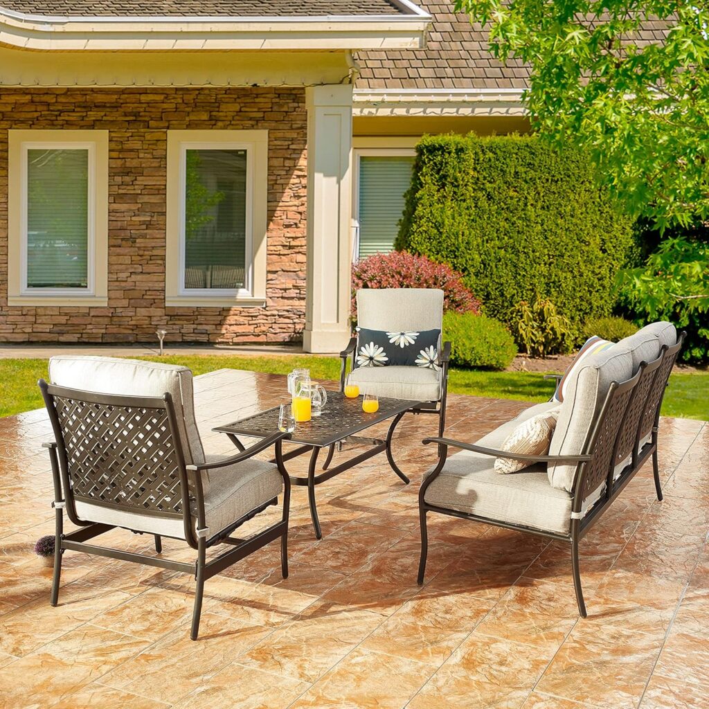 LOKATSE HOME 4 Pcs Patio Conversation Set Outdoor Cushioned Furniture with Loveseat 2 Single Chairs, Coffee Table, Steel Frame, Wrought Iron Look, Beige