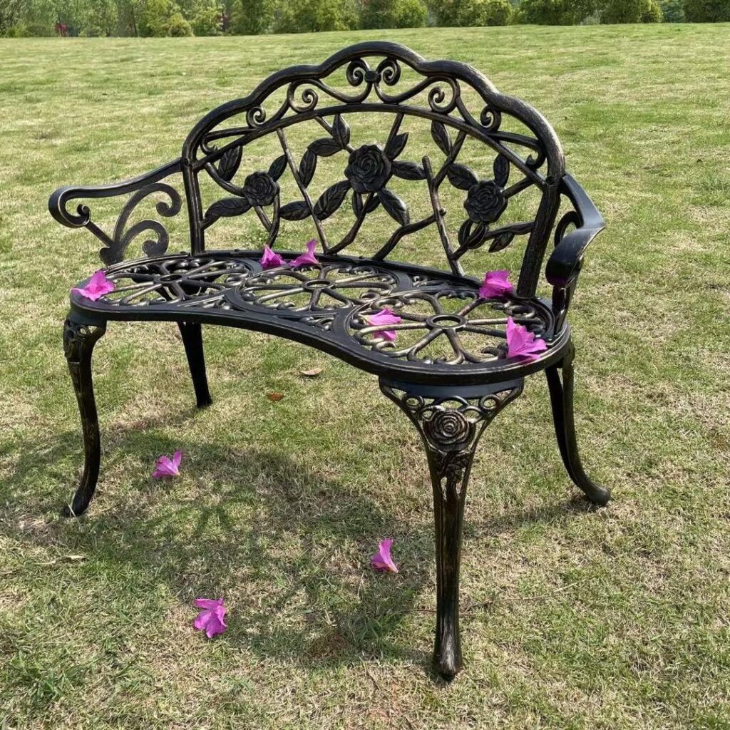 Mandolin Outdoor Bench Park Garden Bench,All Chair Anti Rust Cast Aluminum Patio Yard Bench,Carved Rose Loveseat Bench for Backyard .Porch.Balcony.Lawn (Copper)