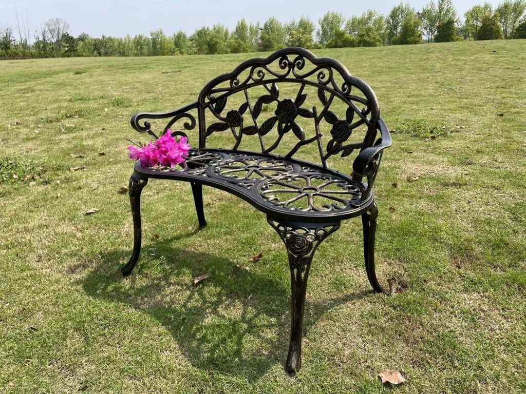 Mandolin Outdoor Bench Park Garden Bench,All Chair Anti Rust Cast Aluminum Patio Yard Bench,Carved Rose Loveseat Bench for Backyard .Porch.Balcony.Lawn (Copper)