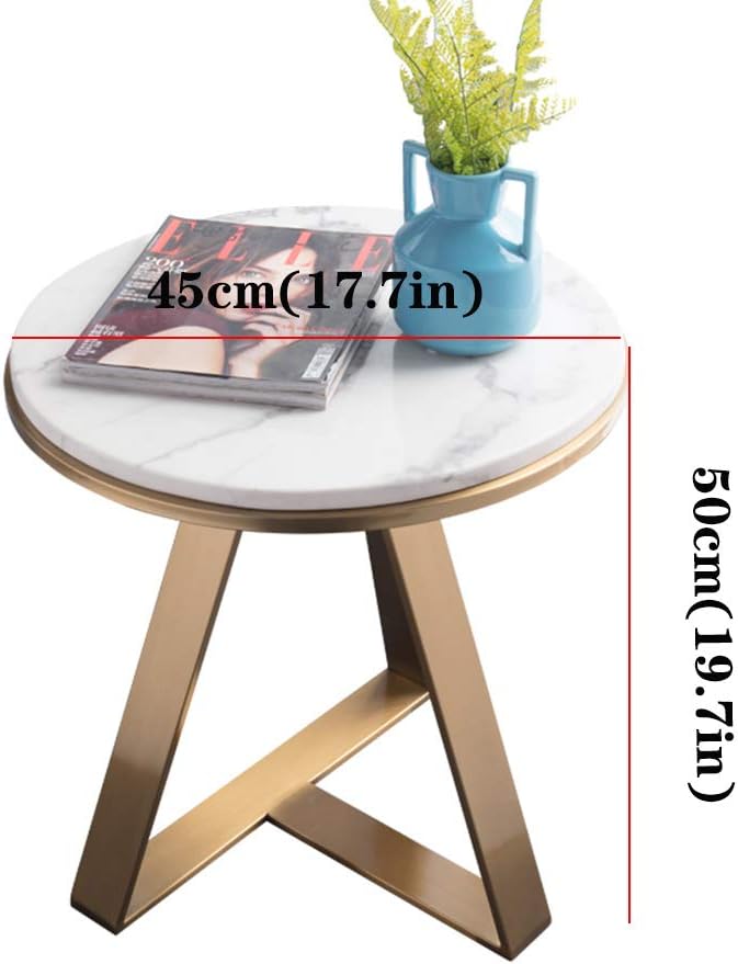 Marble Side Table, Wrought Iron Frame, Modern Round Creative Coffee Table, Sofa End, Suitable for Living Room, Balcony, Bedroom, L: 45cm (17.7in)
