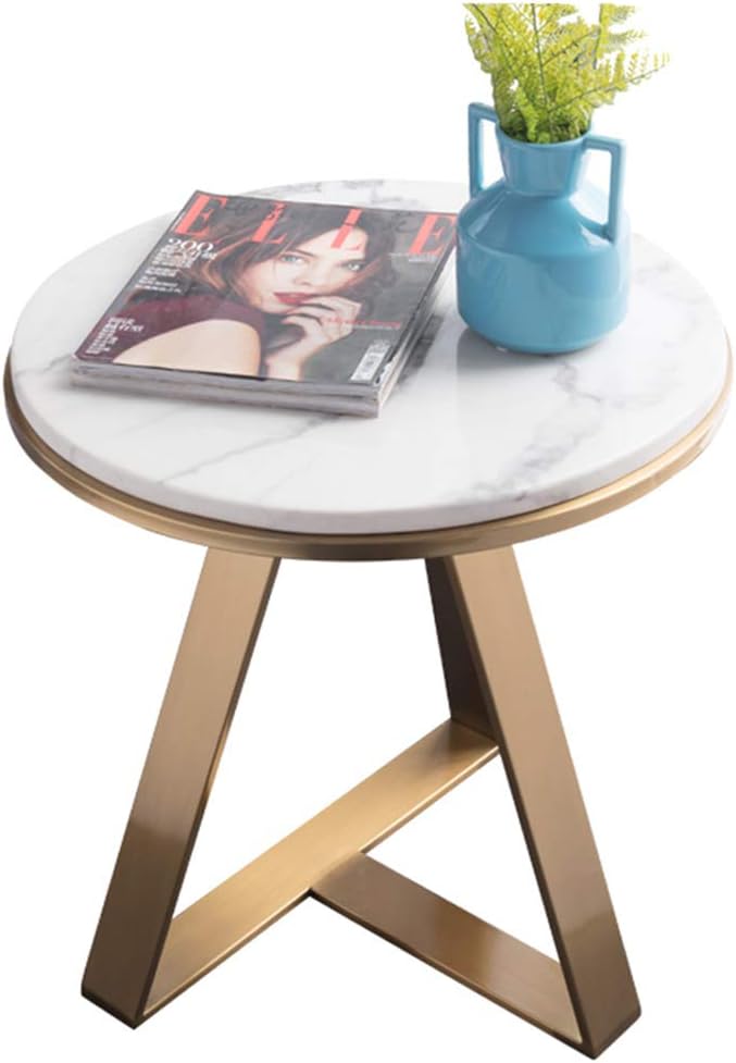 Marble Side Table, Wrought Iron Frame, Modern Round Creative Coffee Table, Sofa End, Suitable for Living Room, Balcony, Bedroom, L: 45cm (17.7in)
