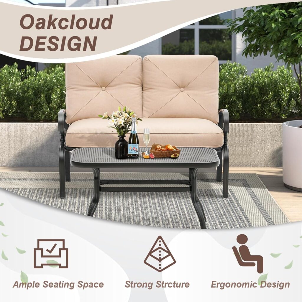 Oakcloud Outdoor 2 Pcs Patio Loveseat Bench Metal Frame Furniture Set with Thick Cushions and Coffee Table, Wrought Iron Look (Brown)