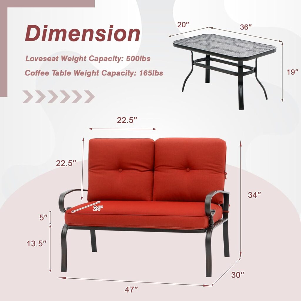 Oakcloud Outdoor 2 Pcs Patio Loveseat Bench Metal Frame Furniture Set with Thick Cushions and Coffee Table, Wrought Iron Look (Brown)