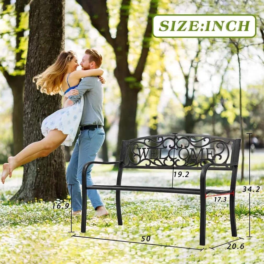 Outdoor Bench Garden Bench, Weatherproof Anti-Rust Heavy-Duty Outside Bench Clearance, Wrought Iron Metal Bench for Front Porch, Patio, Park