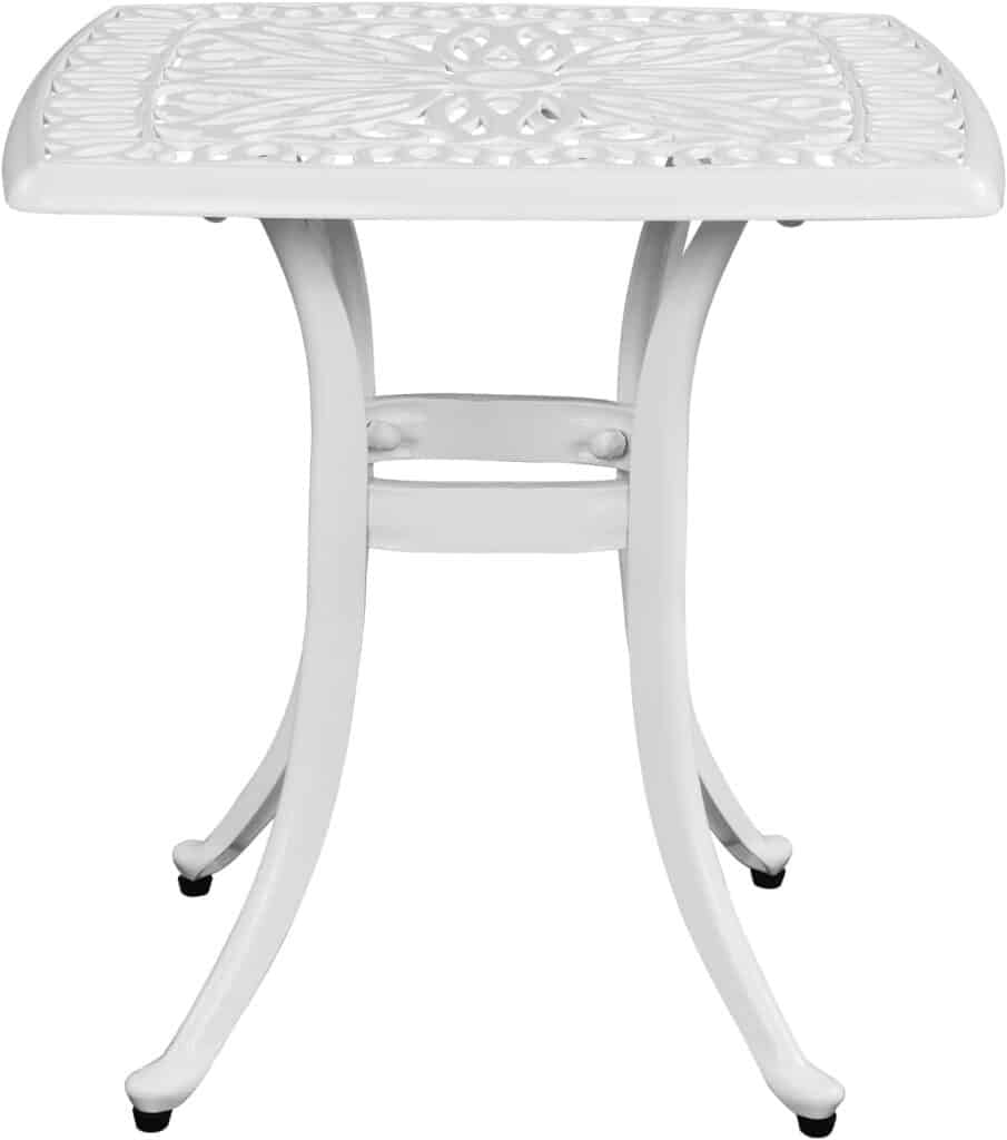 Outvita Patio Side Table, 21.3in Outdoor Square Cast Aluminum Bistro Table with Umbrella Hole and Antique Design for Backyard Porch Pool Balcony Deck White