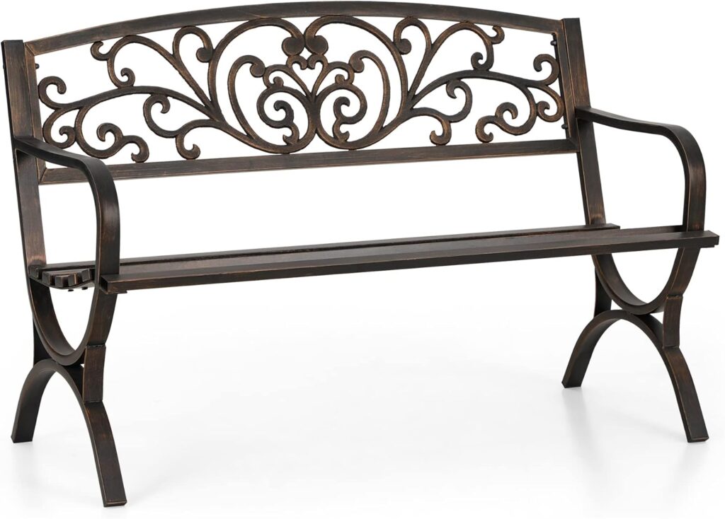 PHI VILLA 50Inch Cast Iron Steel Frame Garden Bench Patio Furniture Chair Outdoor Bench w/Floral Design Backrest, Slatted Seat for Park, Yard  Porch, Bronze