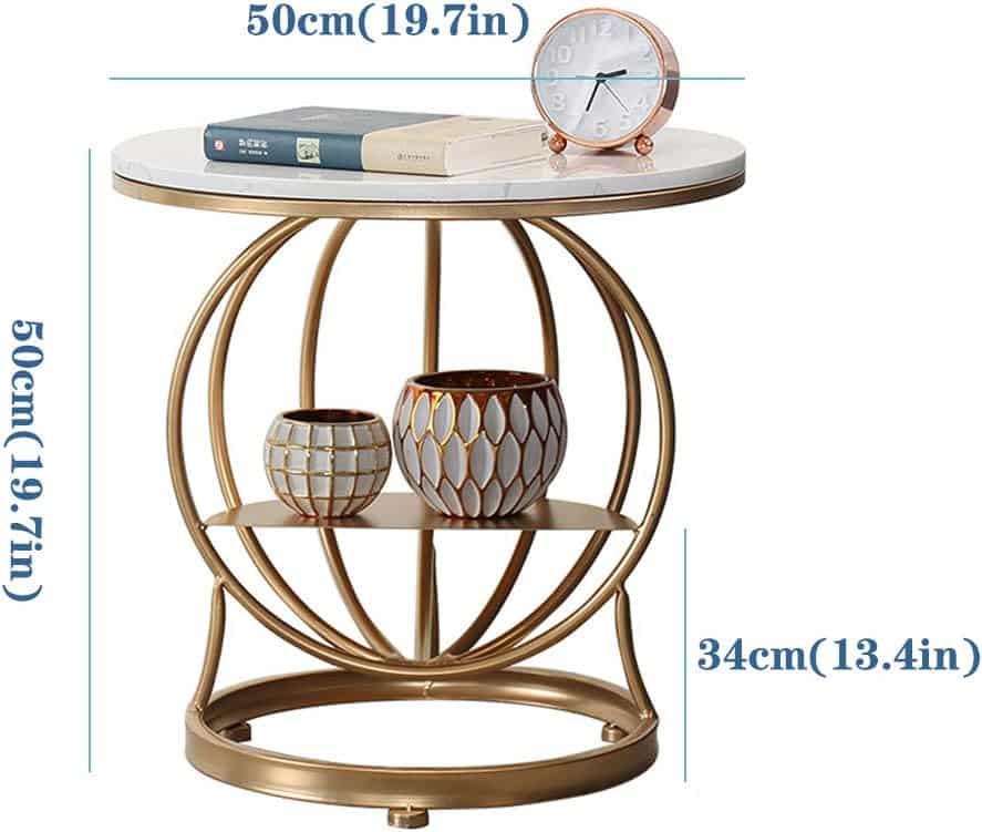 Round Marble Corner Table, Contemporary Style, Creative Wrought Iron Bedside Table, Sofa End Coffee Table, 2 Partitions, 50 50 cm (19.7 19.7 Inches)