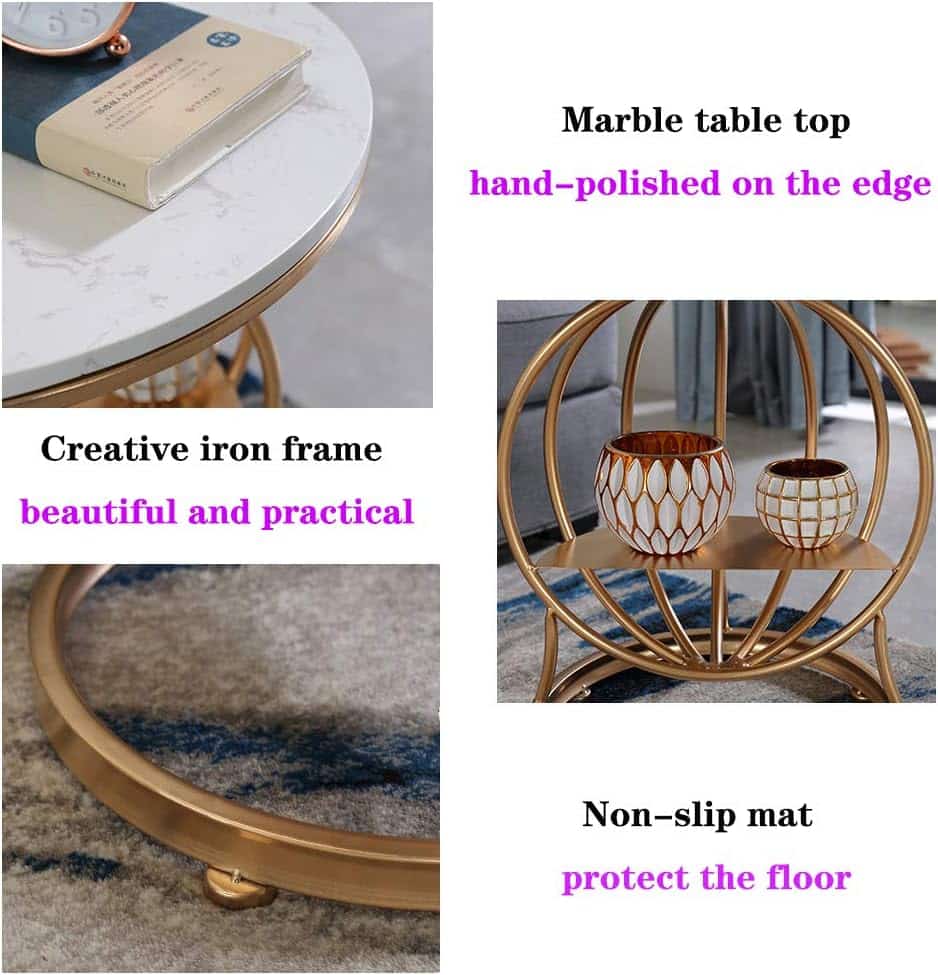 Round Marble Corner Table, Contemporary Style, Creative Wrought Iron Bedside Table, Sofa End Coffee Table, 2 Partitions, 50 50 cm (19.7 19.7 Inches)