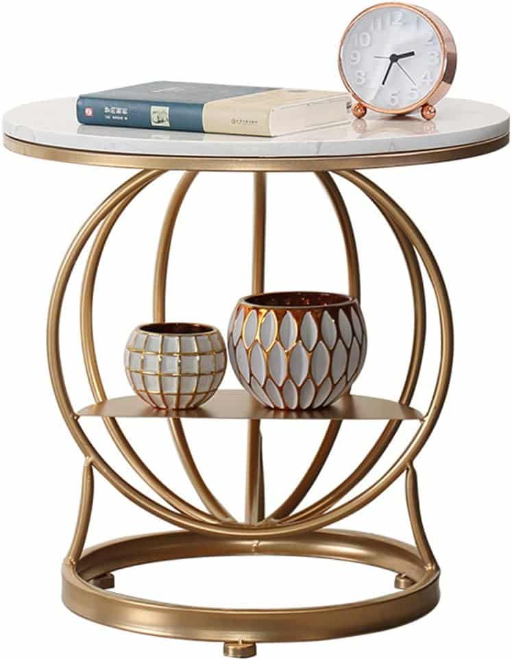 Round Marble Corner Table, Contemporary Style, Creative Wrought Iron Bedside Table, Sofa End Coffee Table, 2 Partitions, 50 50 cm (19.7 19.7 Inches)