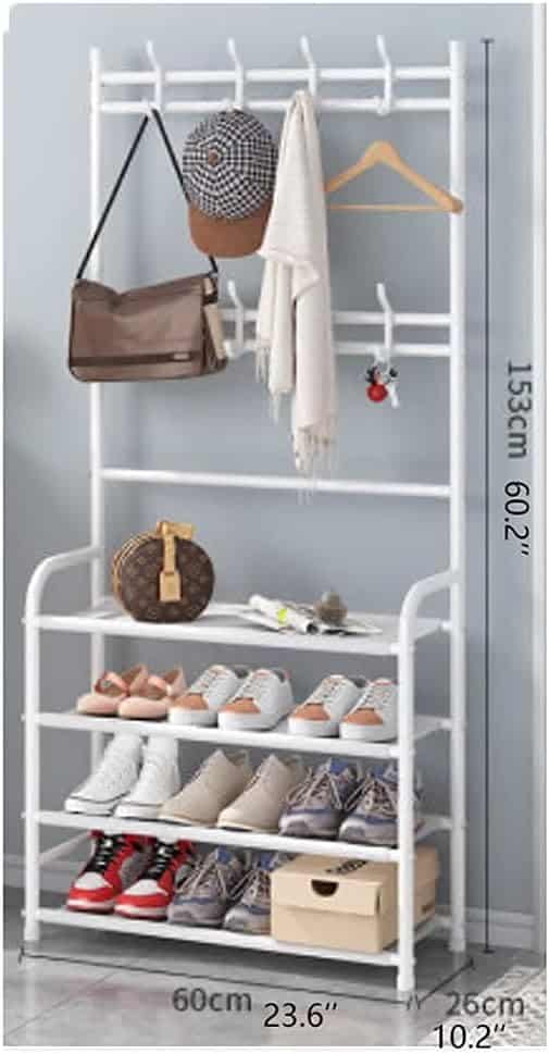 Shoe Rack Modern Coat Rack Entrance Storage Rack Metal Frame with Wrought Iron Look Furniture 3 in 1 Design (White) (White)