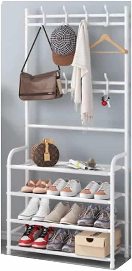 Shoe Rack Modern Coat Rack Entrance Storage Rack Metal Frame with Wrought Iron Look Furniture 3 in 1 Design (White) (White)