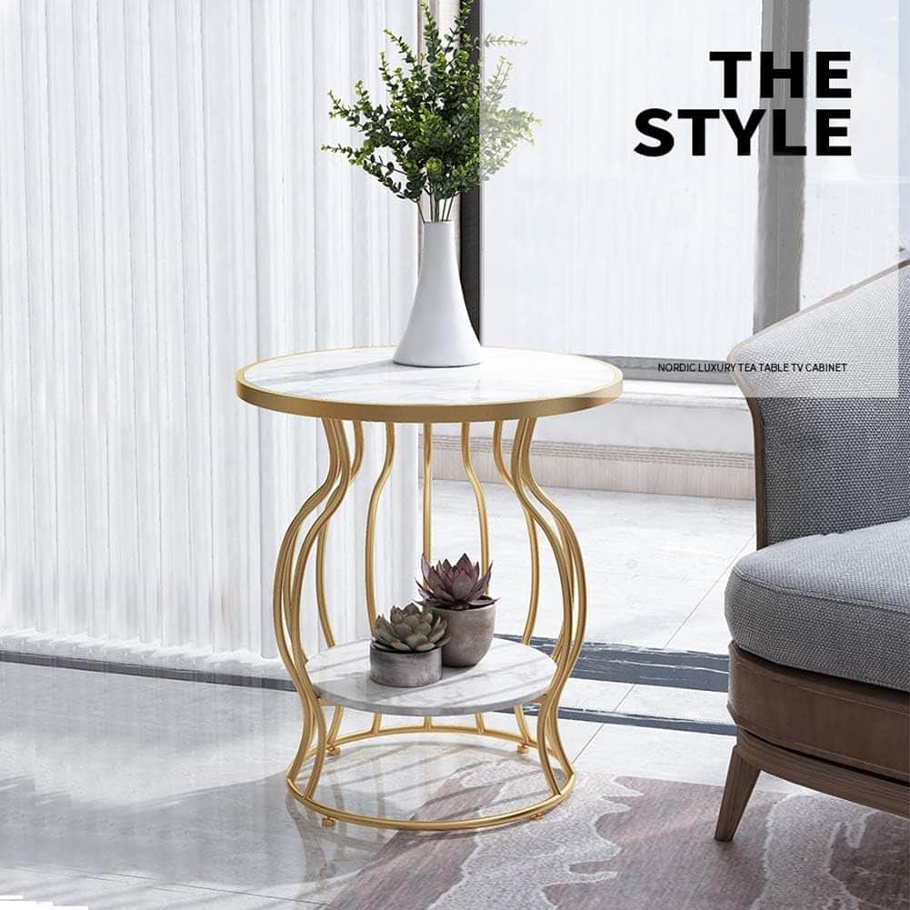 Sofa Corner Table, Marble Counter Tops, Wrought Iron Frame, Double Partitions, Modern Minimalist Coffee Table, Suitable for Living Room, Balcony, Commercial Quality L: 50cm (19.7in)