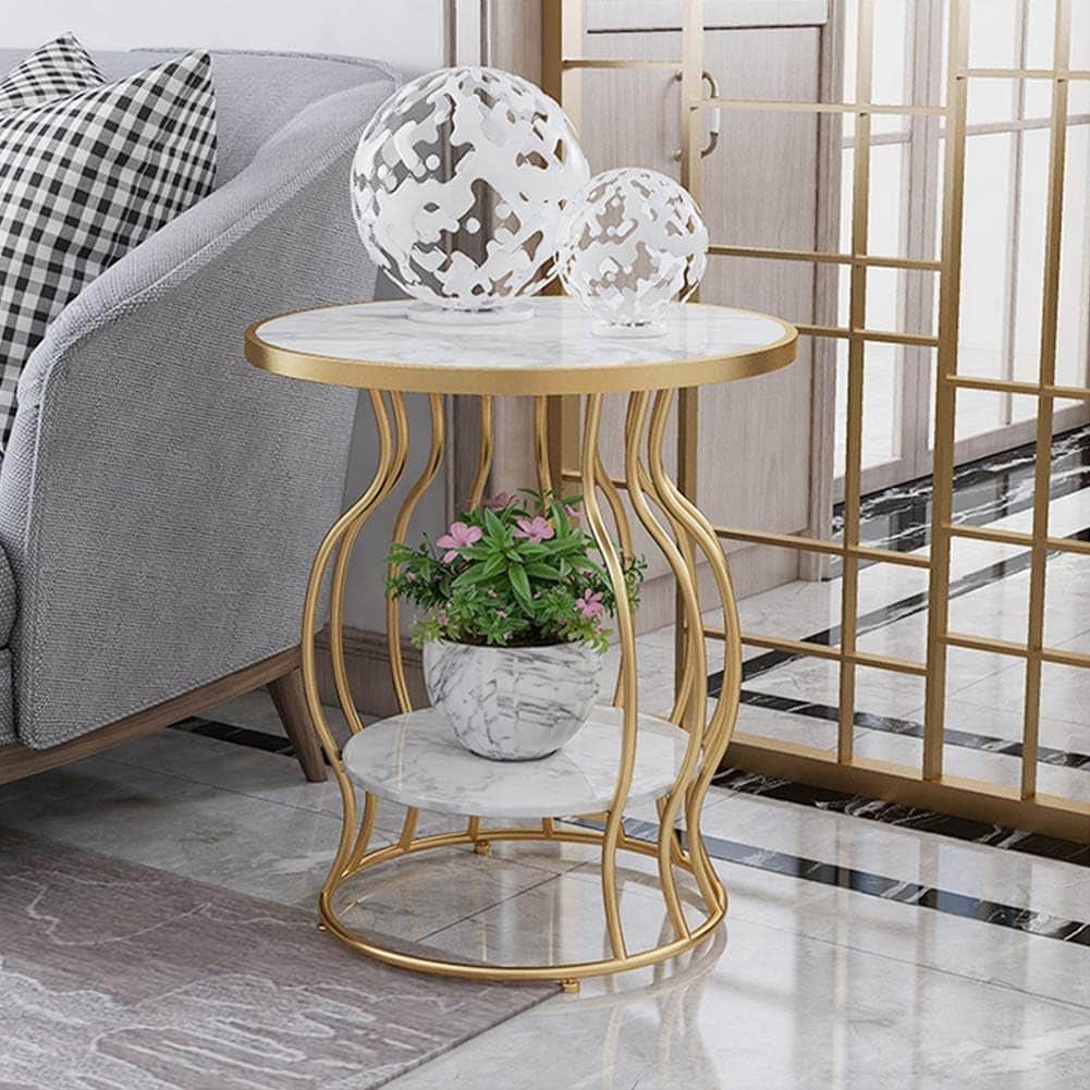 Sofa Corner Table, Marble Counter Tops, Wrought Iron Frame, Double Partitions, Modern Minimalist Coffee Table, Suitable for Living Room, Balcony, Commercial Quality L: 50cm (19.7in)