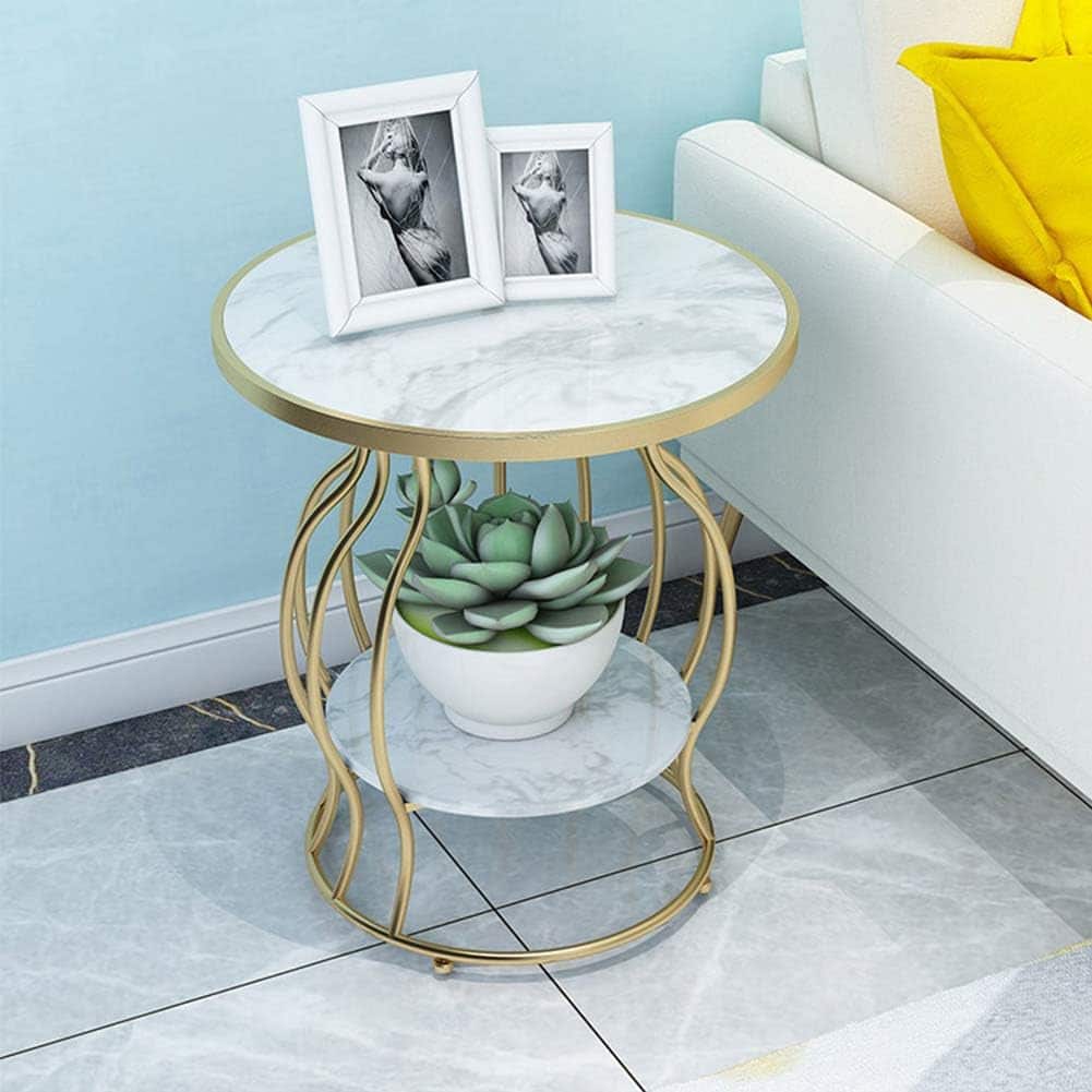 Sofa Corner Table, Marble Counter Tops, Wrought Iron Frame, Double Partitions, Modern Minimalist Coffee Table, Suitable for Living Room, Balcony, Commercial Quality L: 50cm (19.7in)