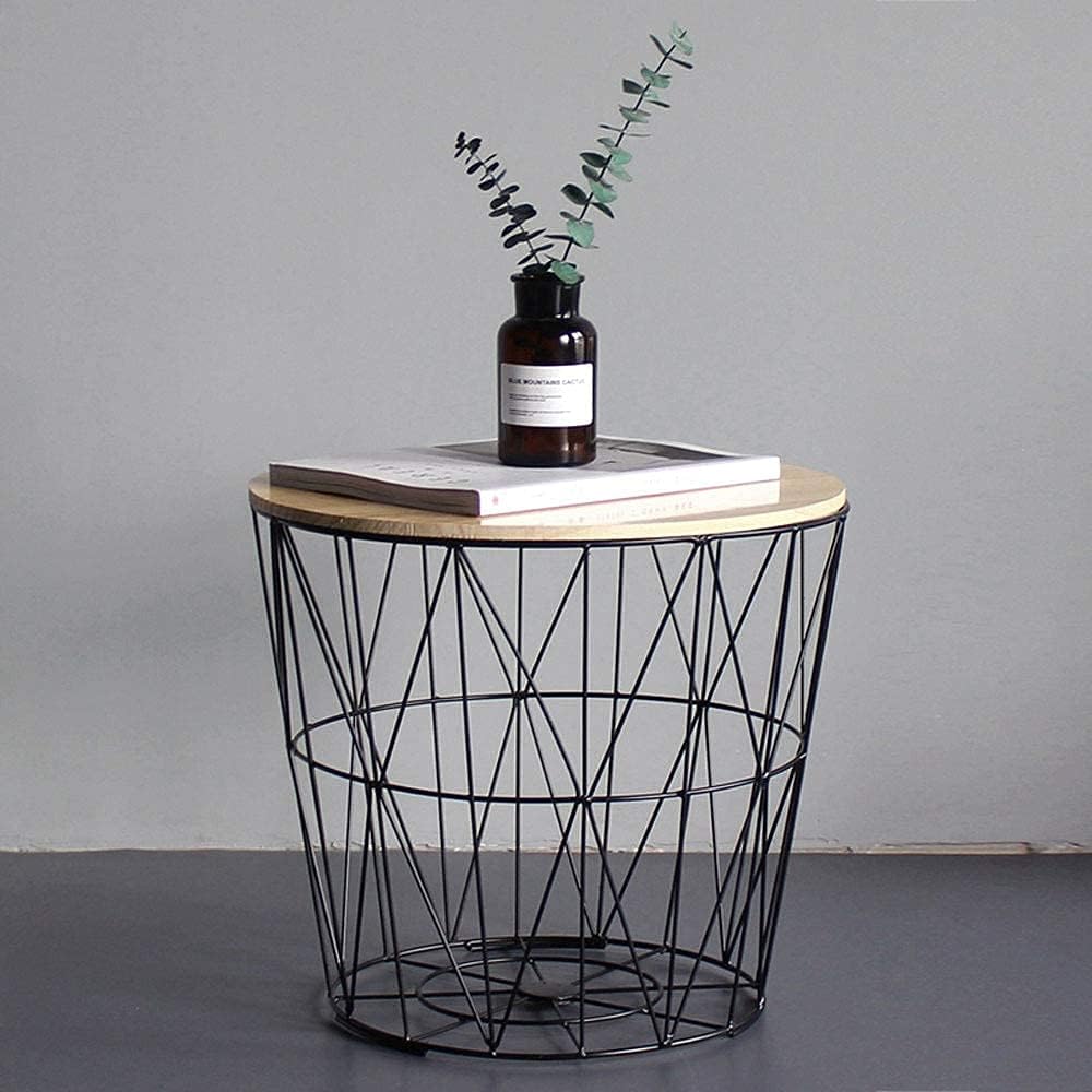 Sofa Side Table Industrial Side Table Living Room End-Table Bedside Table Nordic Round Wrought Iron End Table -Storage Basket Base,White,35Cm