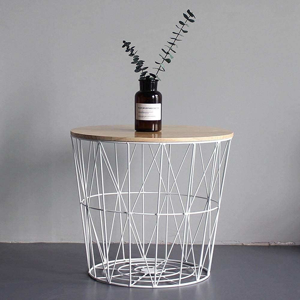 Sofa Side Table Industrial Side Table Living Room End-Table Bedside Table Nordic Round Wrought Iron End Table -Storage Basket Base,White,35Cm