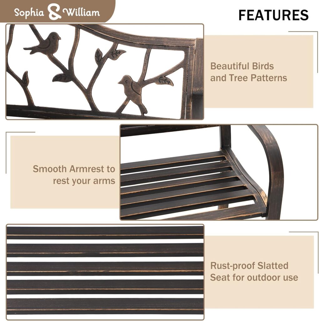 Sophia  William Outdoor Bench, Porch Bench, Garden Bench, Wrought Iron Bench, Outdoor Bench with Backrest and Armrests, Bronze