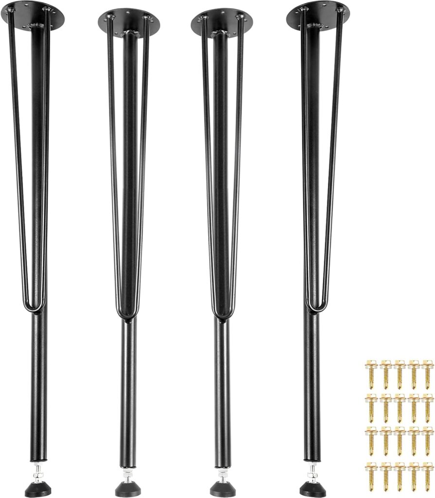 VEVOR Hairpin Metal Table Legs 28 Inch Desk Legs Set of 4 Heavy Duty Bench Legs 3-Rod Metal Furniture Legs Wrought Iron Coffee Table Legs Home DIY for Dining Table w/Rubber Floor Protectors Black