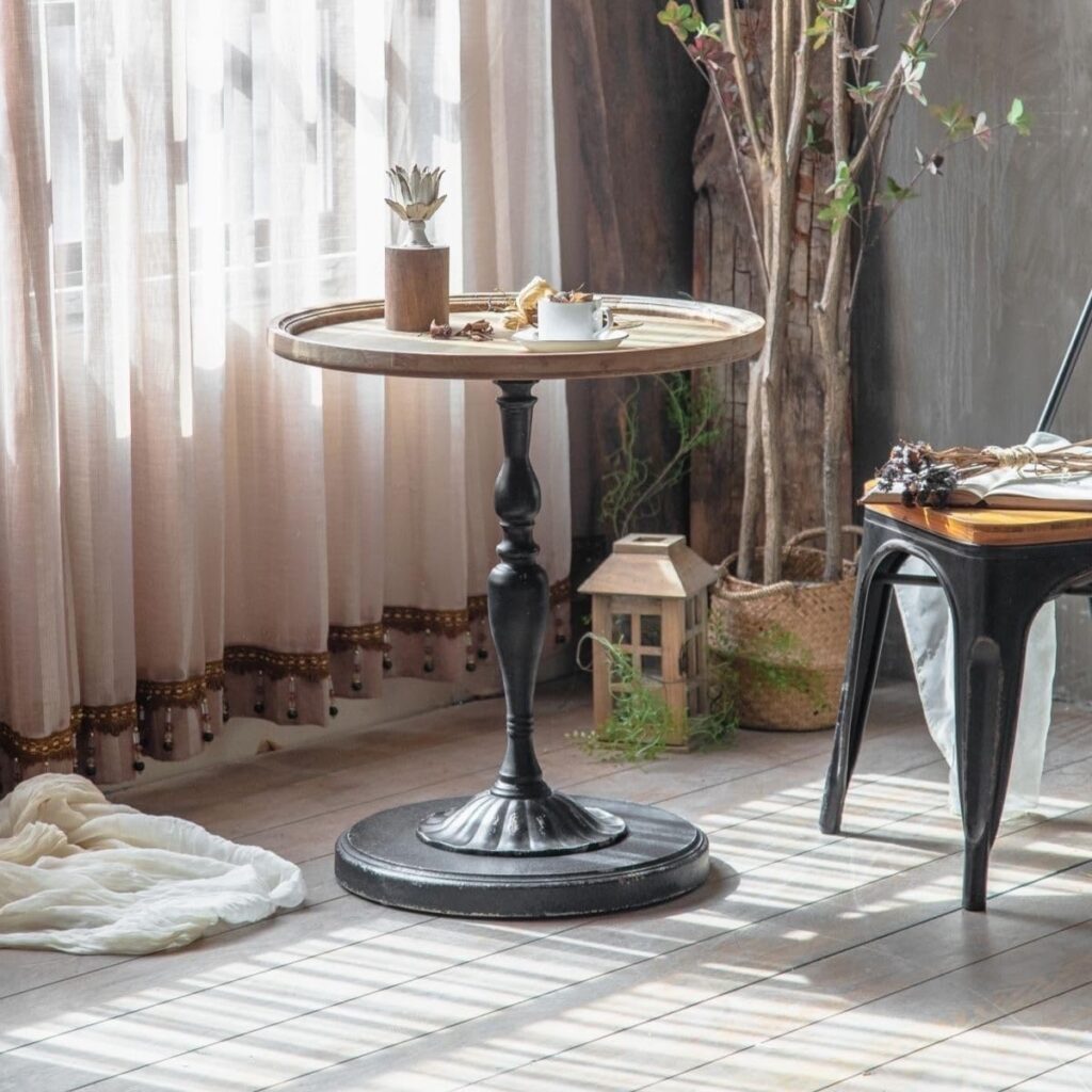 Vintage Round Side Table, Small Corner Table for Living Room Balcony, Coffee Table, Bedroom Bedside Table, End Table with Wrought Iron Bracket and Wooden Table Top(White)